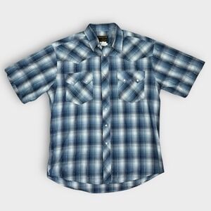 Rustler by Wrangler Mens Blue Plaid Short Sleeve Western Pearl Snap Shirt L
